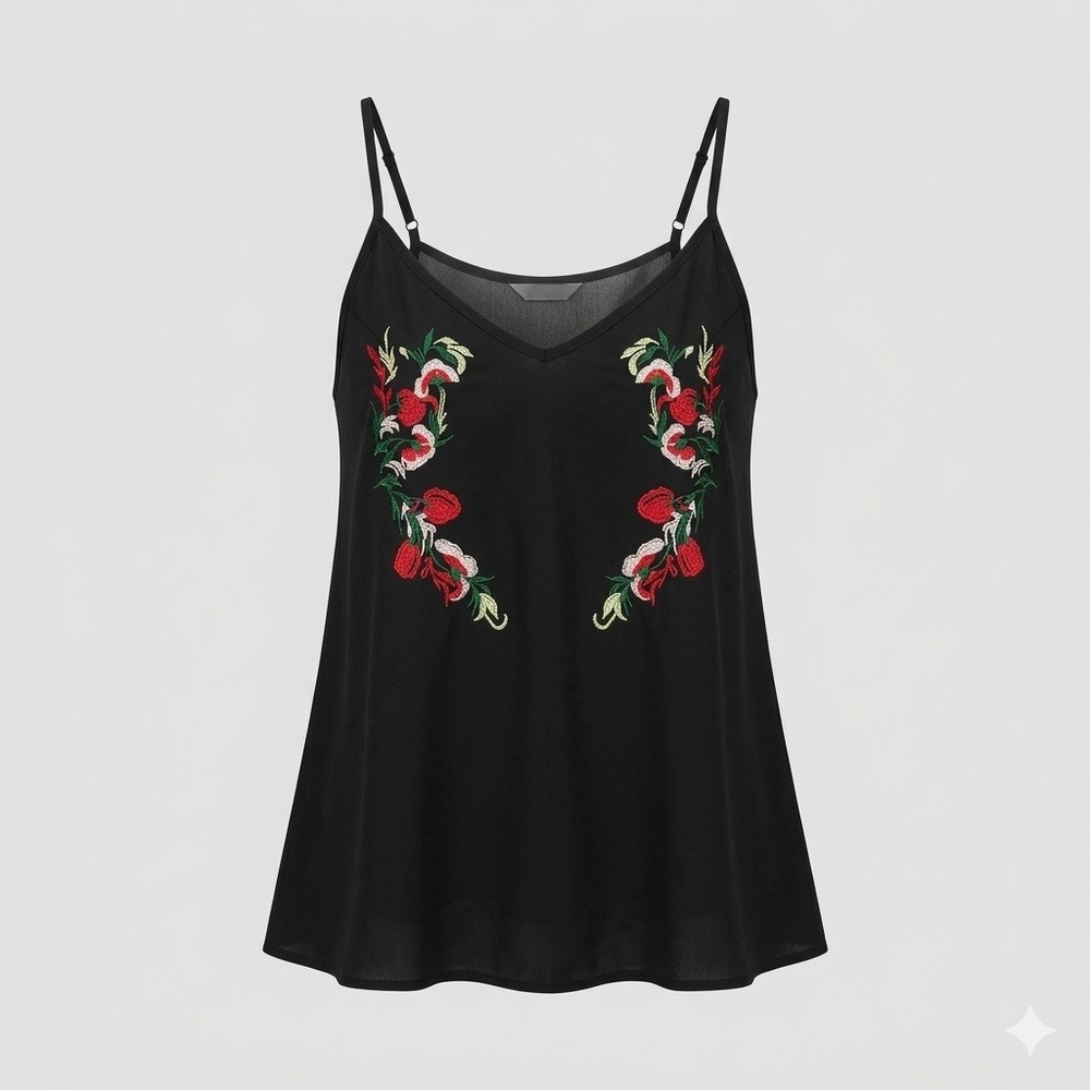 TECrew Black Floral Embroidered V-Neck Cami Tank Top XL